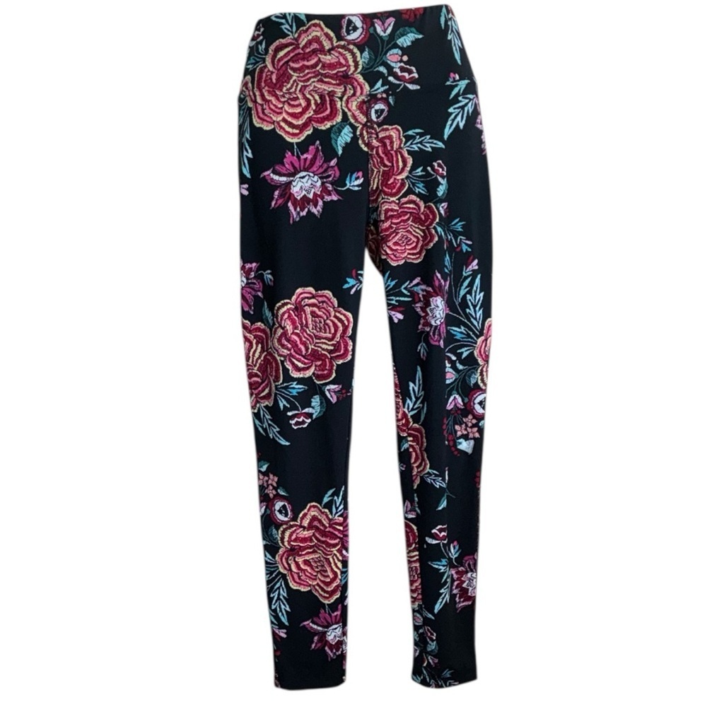 Love Life Live Leggings Women's M, Black with bold colorful flowers. EUC